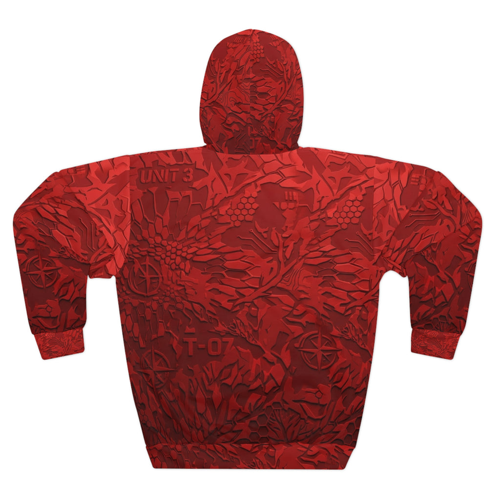 Red Camouflage All-Over Print Hoodie – Textured Floral Camo Pullover