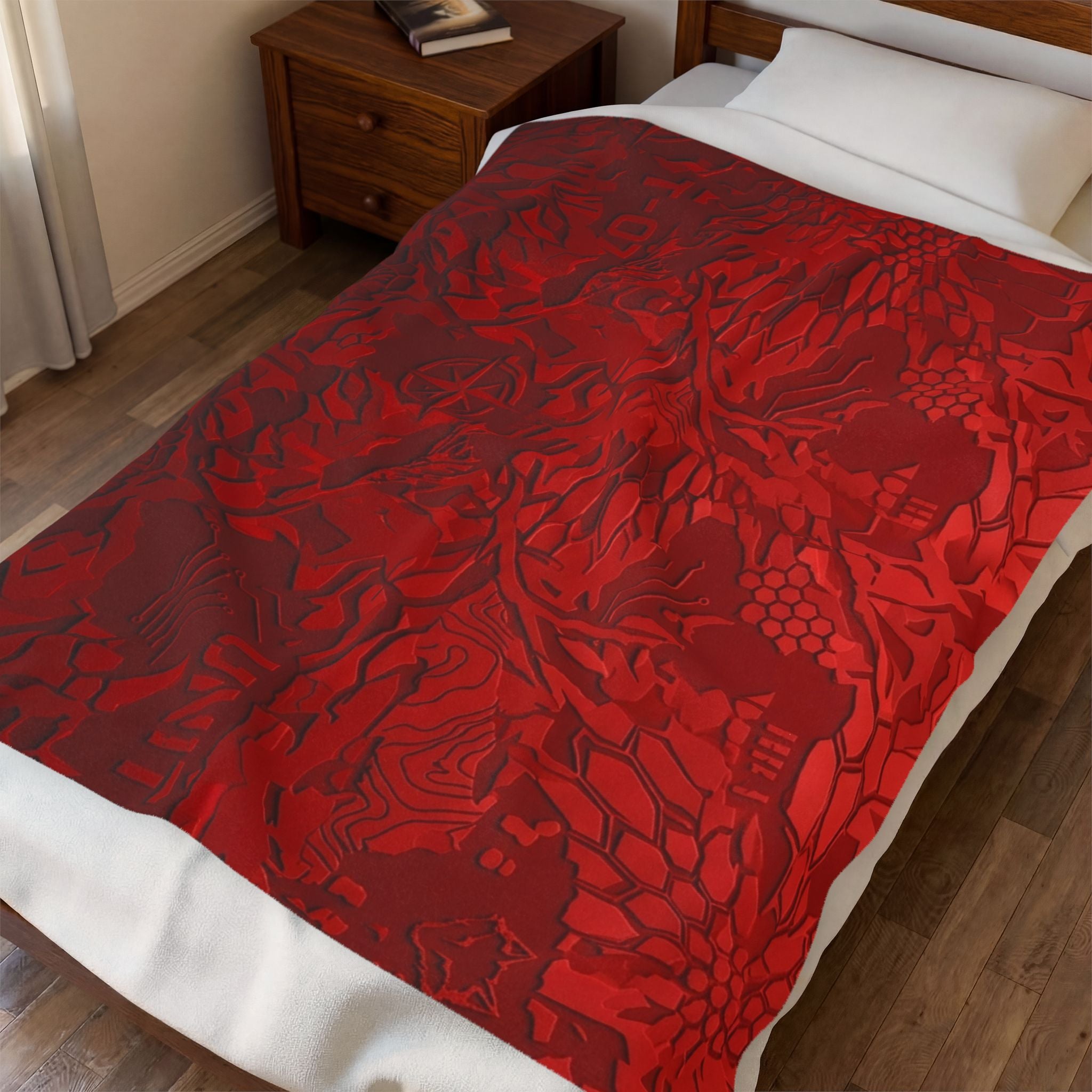 Velveteen Plush Blanket - Embossed Red Floral Cozy Throw