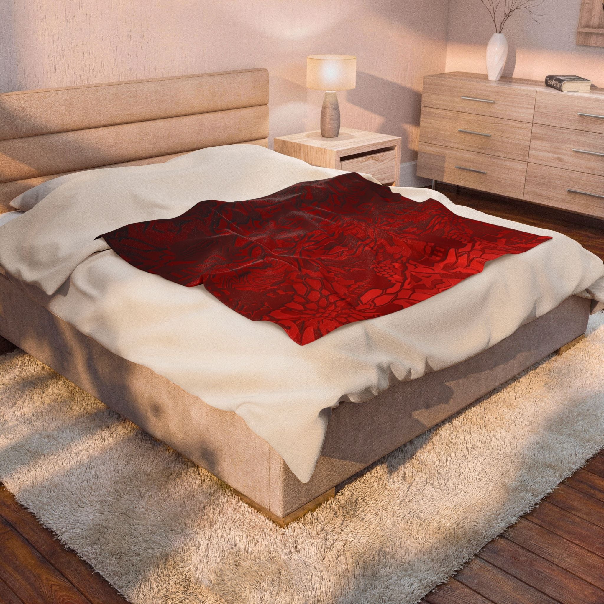 Velveteen Plush Blanket - Embossed Red Floral Cozy Throw