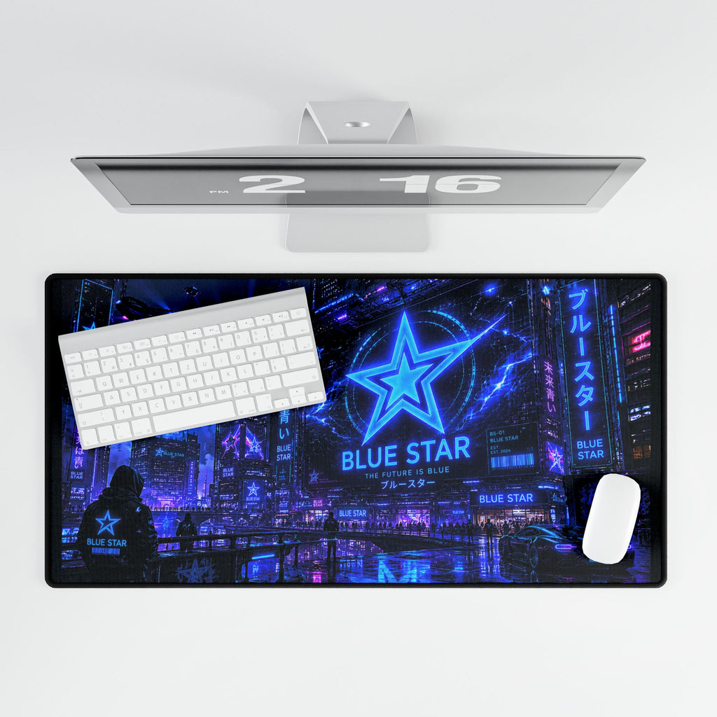 Cyberpunk Blue Star Gaming Desk Mat — Neon City RGB Mouse Pad