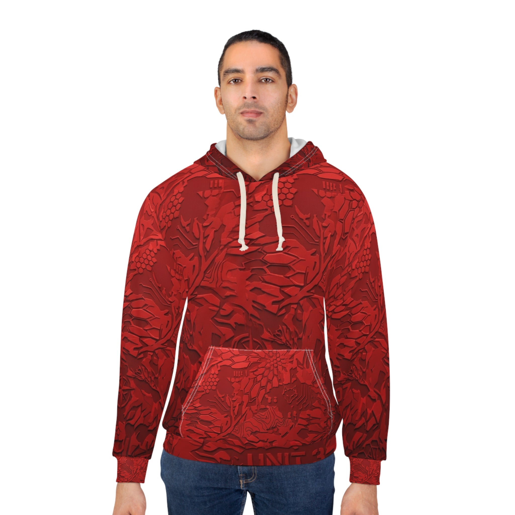 Red Camouflage All-Over Print Hoodie – Textured Floral Camo Pullover