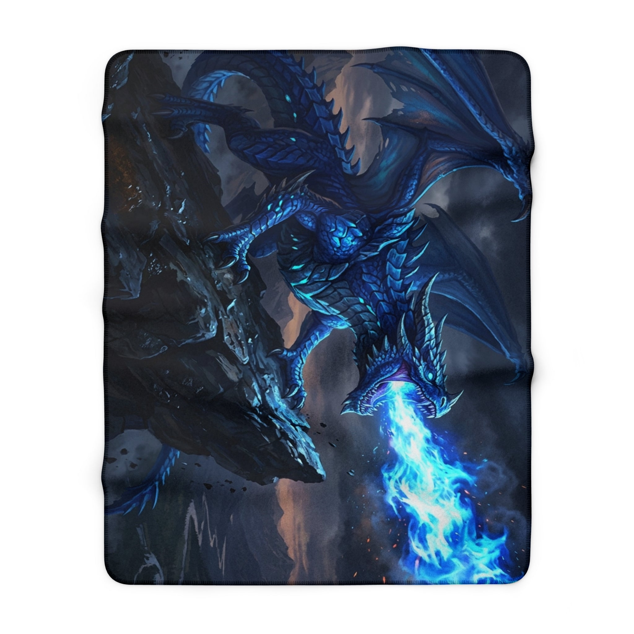 Blue Dragon Sherpa Blanket — Cozy Fantasy Fleece with Fire-Breathing Dragon