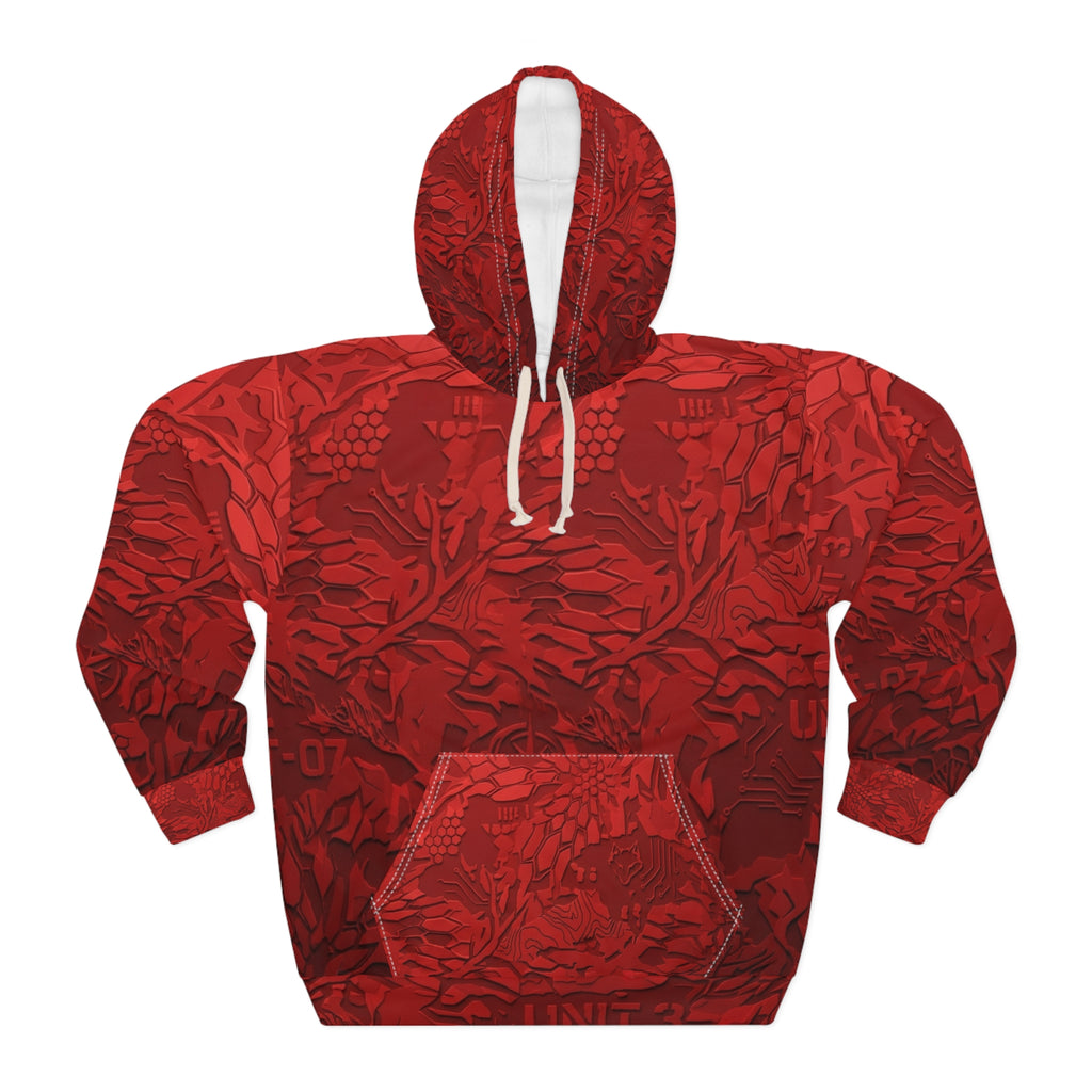 Red Camouflage All-Over Print Hoodie – Textured Floral Camo Pullover