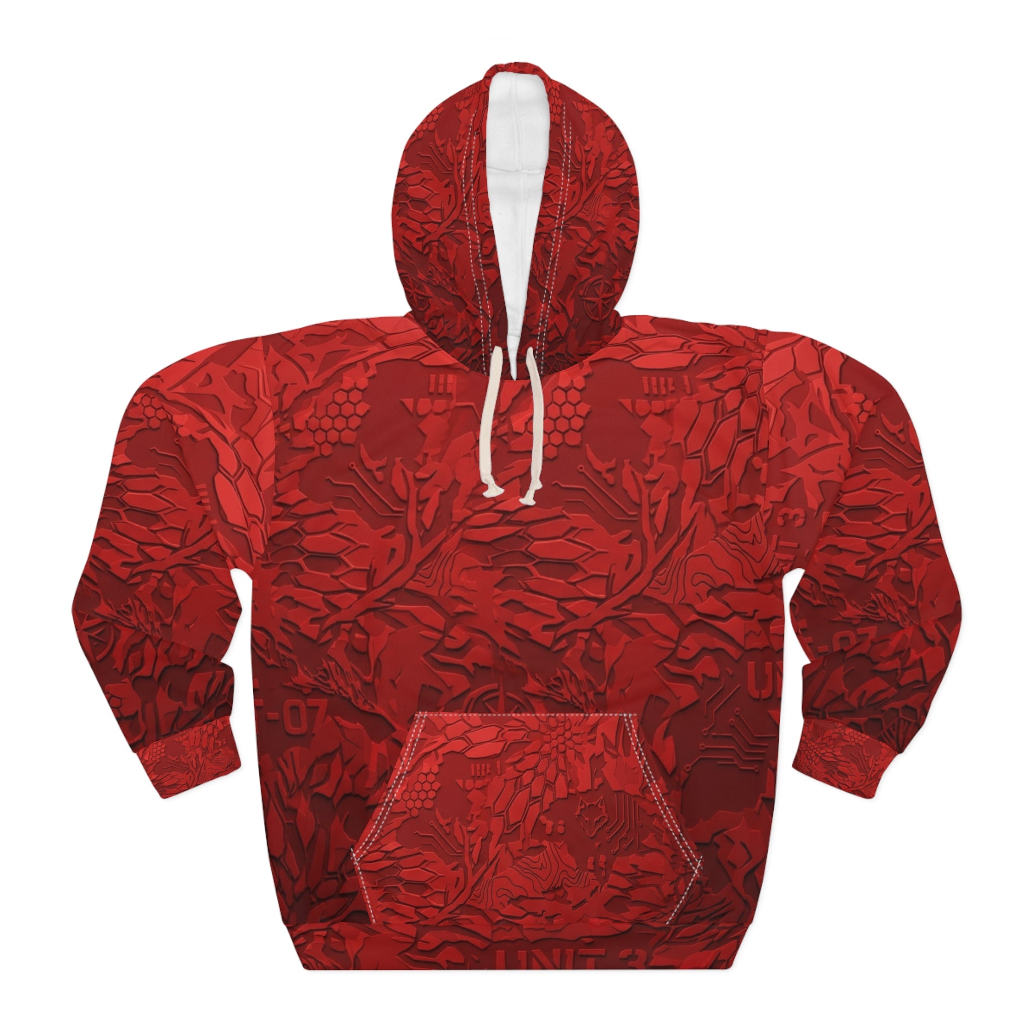 Red Camouflage All-Over Print Hoodie – Textured Floral Camo Pullover