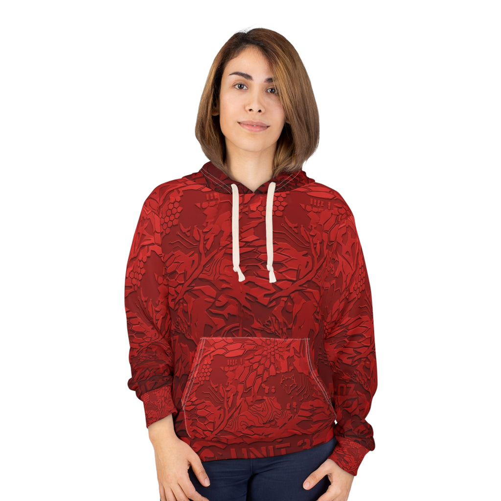 Red Camouflage All-Over Print Hoodie – Textured Floral Camo Pullover