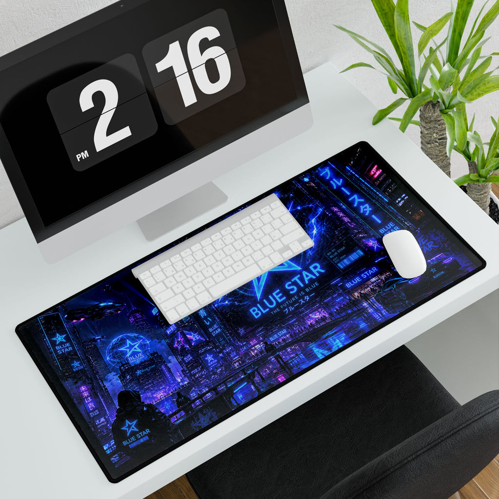 Cyberpunk Blue Star Gaming Desk Mat — Neon City RGB Mouse Pad