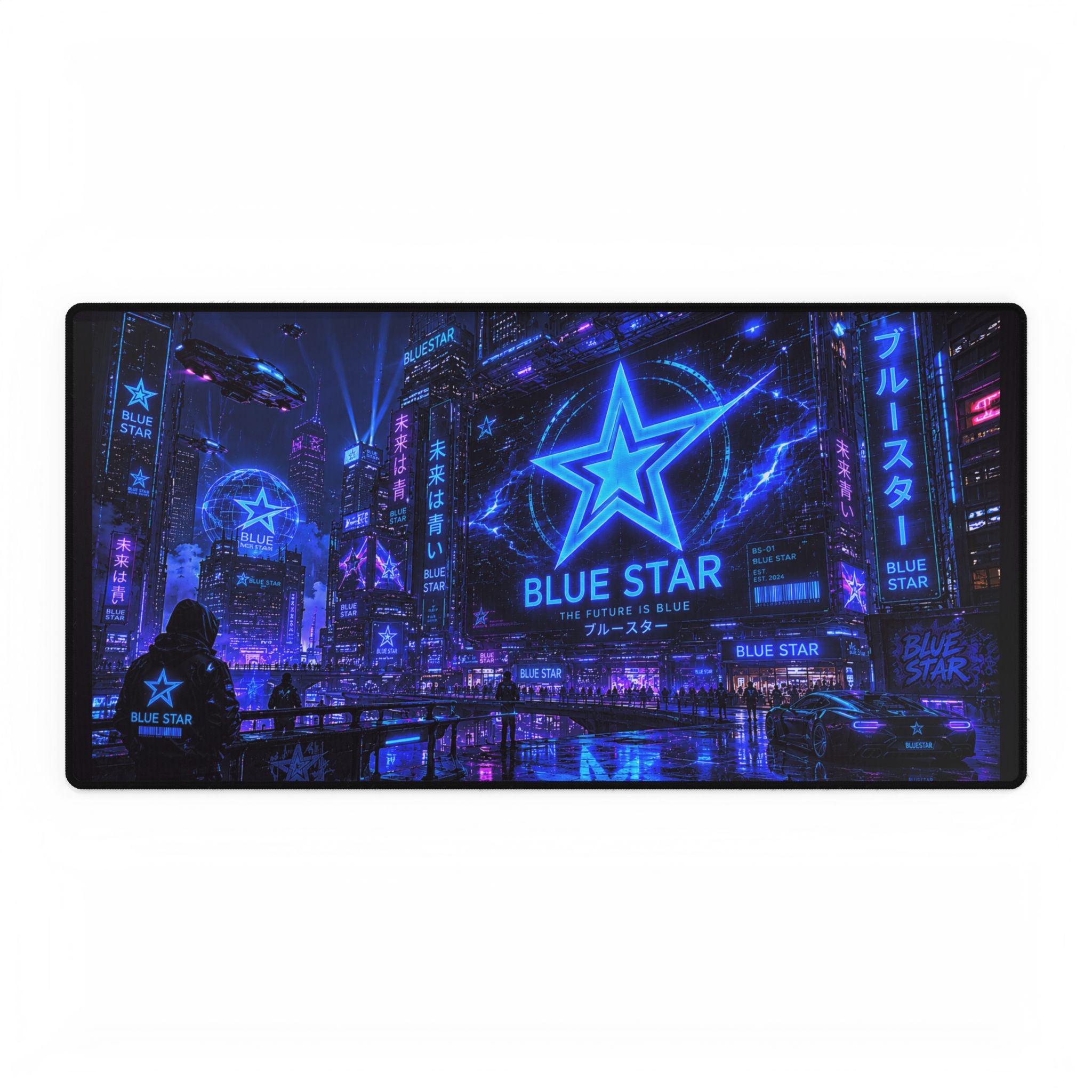 Cyberpunk Blue Star Gaming Desk Mat — Neon City RGB Mouse Pad